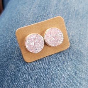 Round iridescent drusy silver stud earrings
